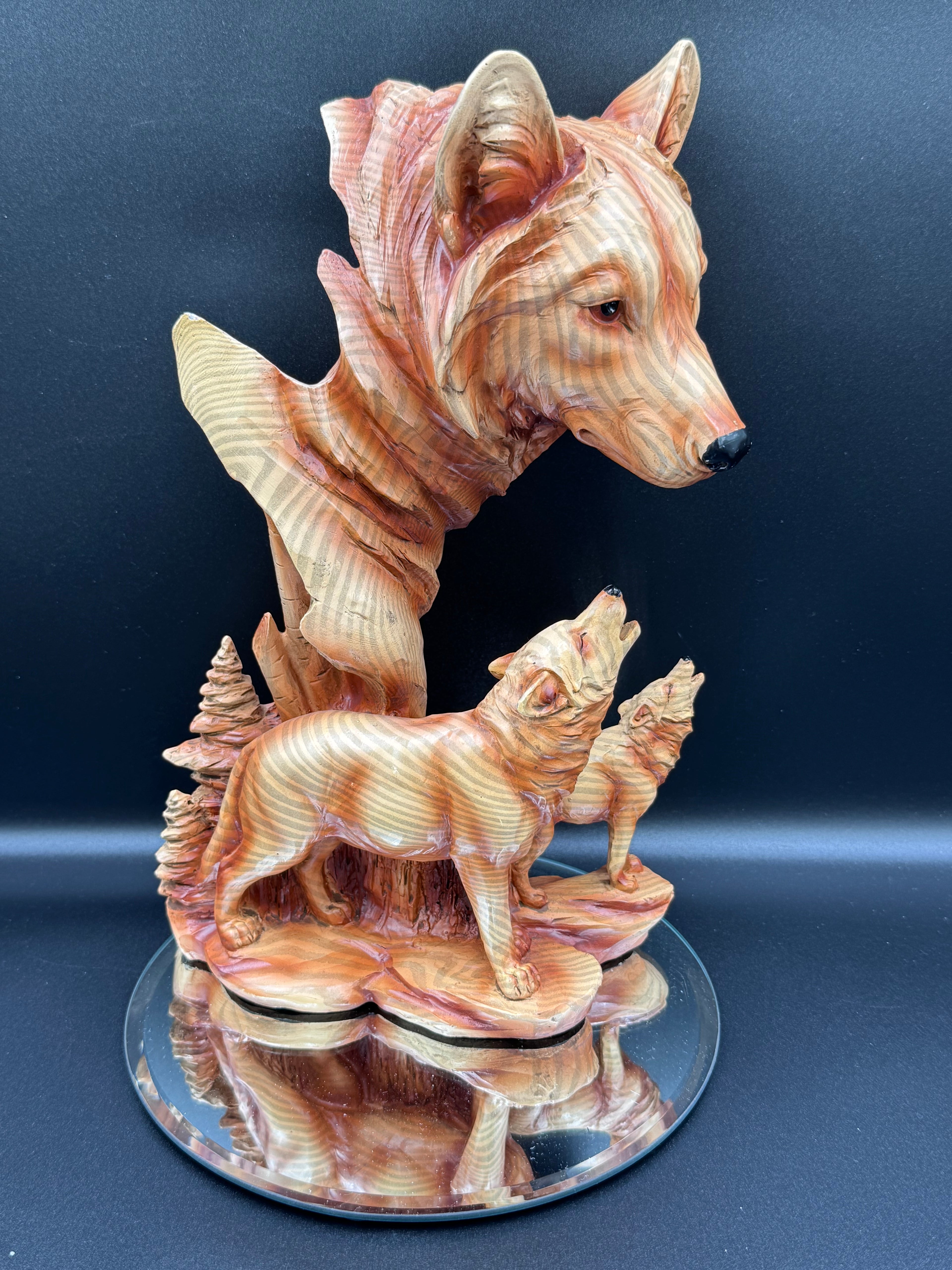 Natural Song Howling Wolves Wood Effect Bust
