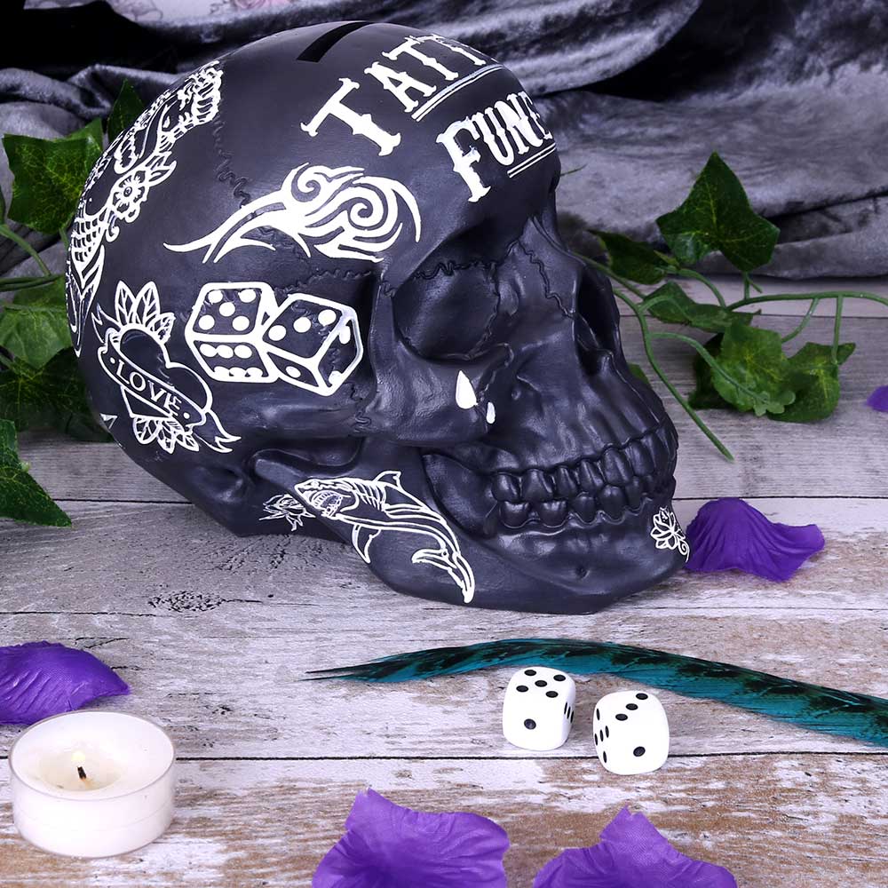 Nemesis Now Tattoo Fund Skull Money Box – Black & White