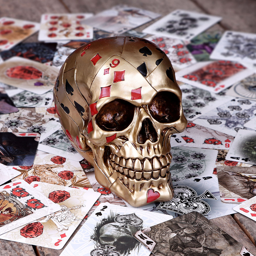 Dead Man’s Hand Gold Playing Card Skull Ornament, 15cm