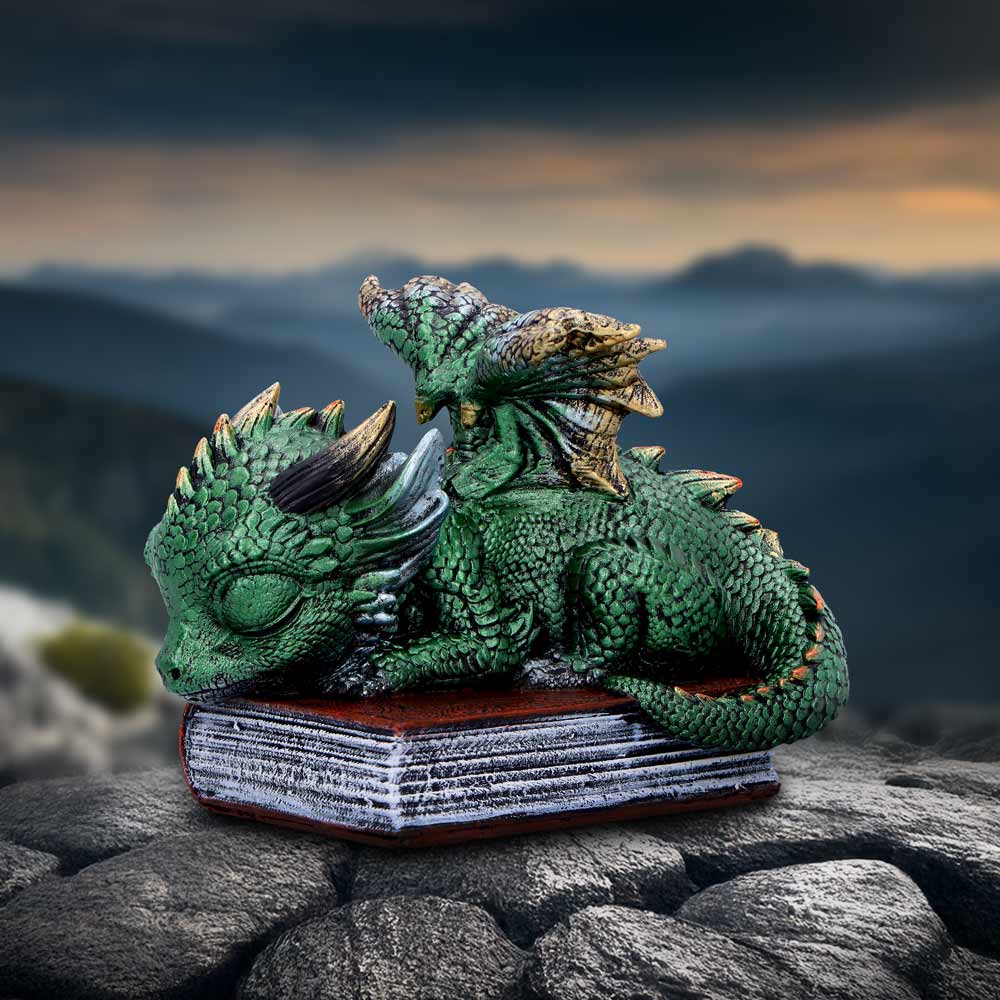 Where Dragons Dream Sleeping Green Dragon on Spellbook Figurine – Nemesis Now