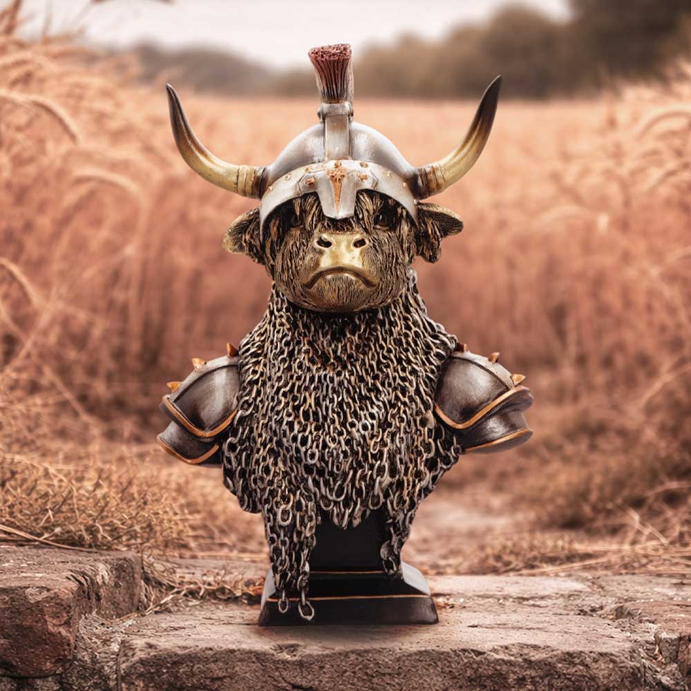 Nemesis Now Highland Guard Armoured Highland Cow Figurine – 26.7cm